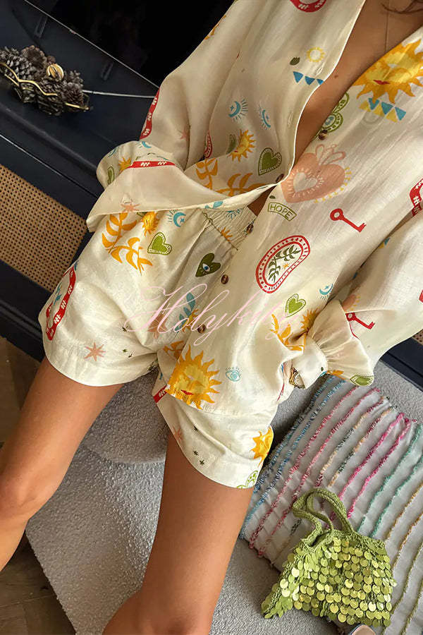 Funny Vacation Unique Printed Long Sleeve Shirt and Elastic Waist Pocket Loose Shorts Set-tidenox