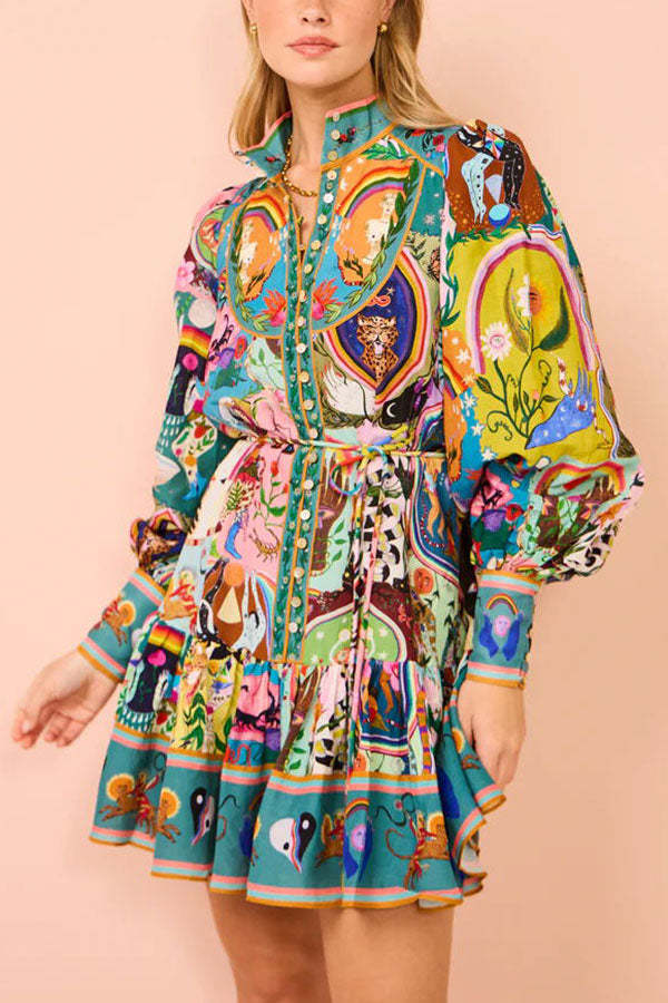 Touch of Luxury Unique Print Balloon Sleeve Button Shirt Mini Dress-tidenox
