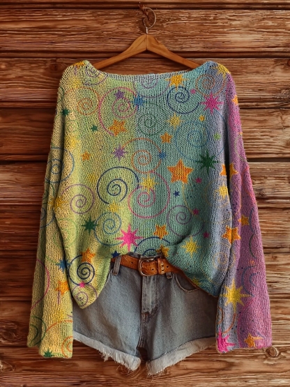 Women's Colorful Vertical Stripes Star Pattern Art Print Casual Pullover Sweater-tidenox