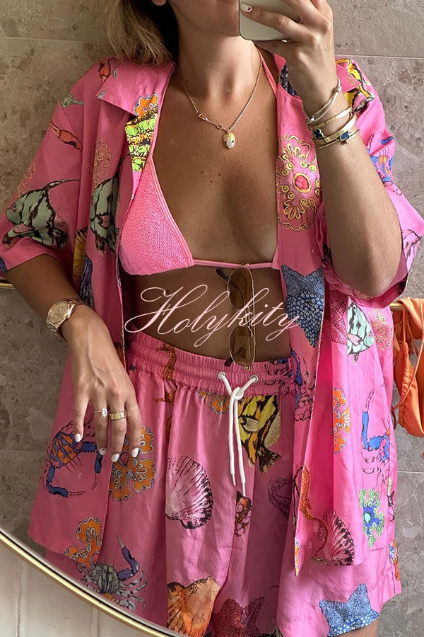 Linen Blend Colorful Shell Print Shirt Top and Elastic Waist Pocket Shorts Set-tidenox