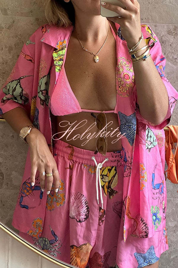 Linen Blend Colorful Shell Print Shirt Top and Elastic Waist Pocket Shorts Set-tidenox