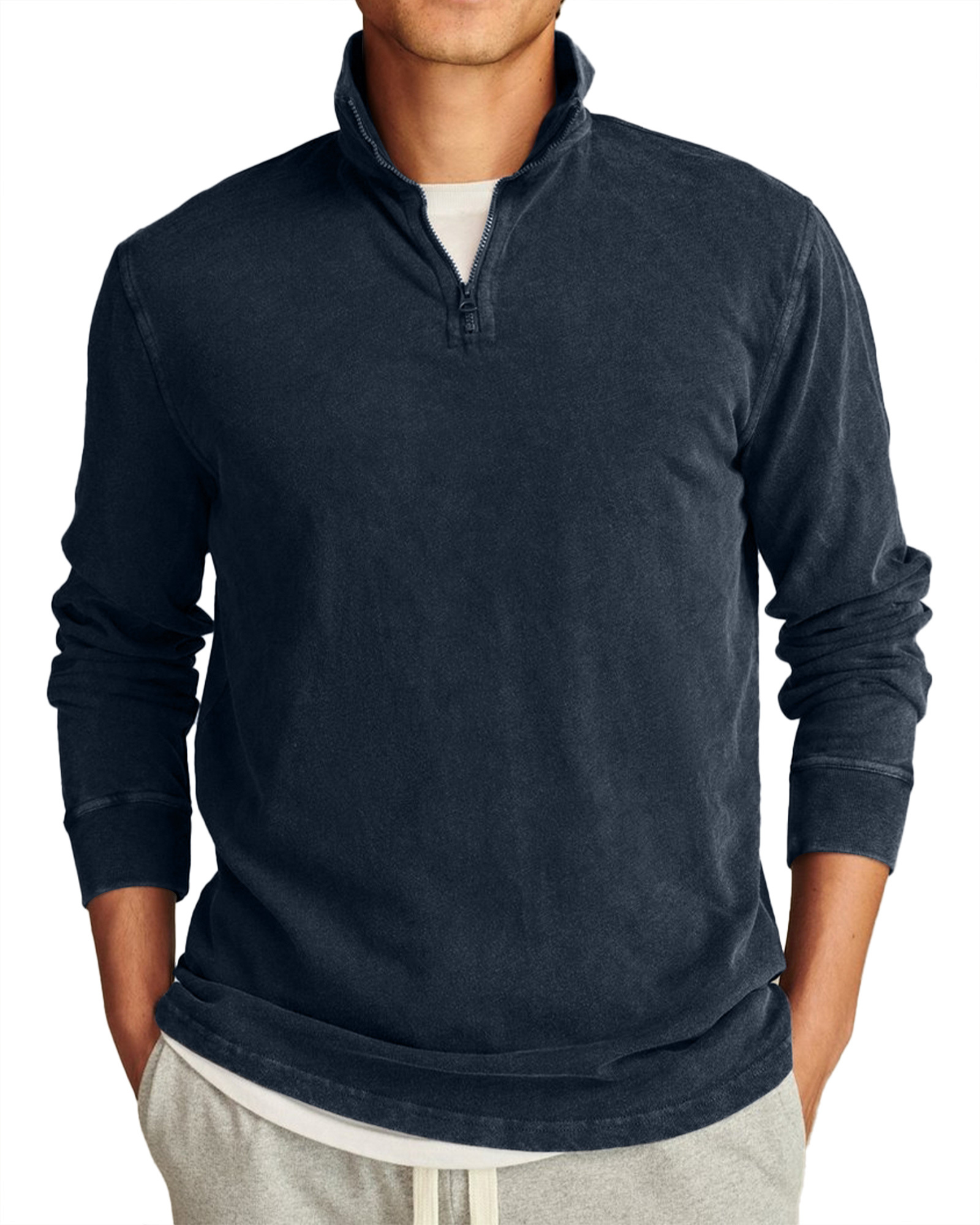 Men's Retro Casual Stand Collar Half-Zip Solid Color Long Sleeve T-Shirt-tidenox
