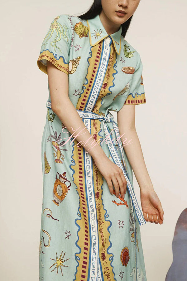 Deep Sea Dreaming Linen Blend Unique Print Short Sleeve Tie-up Shirt Maxi Dress-tidenox
