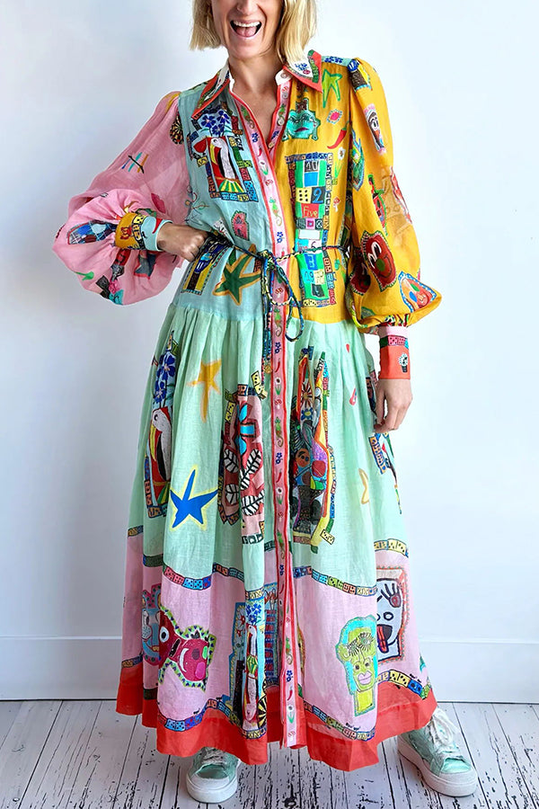 Set for Vacay Unique Print Colorblock Balloon Sleeve Belt Shirt Midi Dress-tidenox
