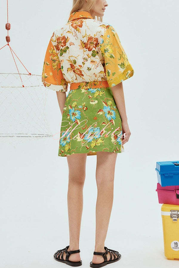 Kienna Linen Blend Unique Floral Print Tie-waist Mini Dress-tidenox