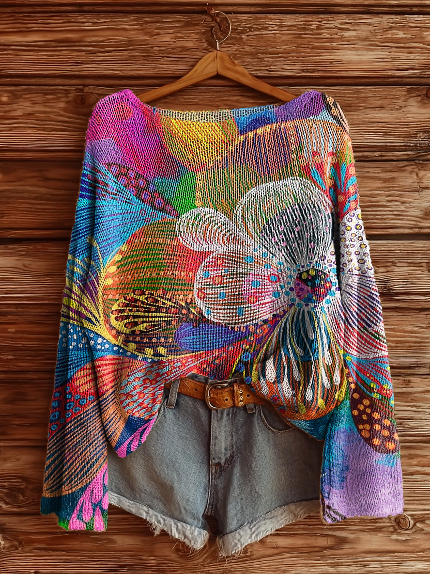 Women's Colorful Floral Art Print Casual Pullover Sweater-tidenox