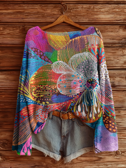 Women's Colorful Floral Art Print Casual Pullover Sweater-tidenox