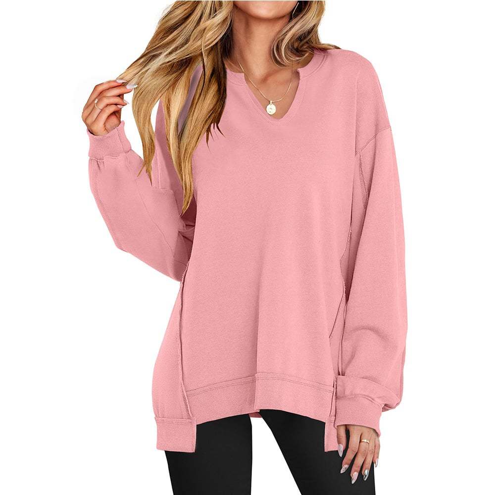 Womens Oversized Sweatshirt V Neck Long Sleeve Tunic Lightweight Pullover-tidenox