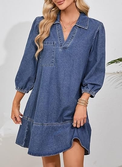 V-Neck Denim Dress — Where Comfort Meets Classic Style-tidenox