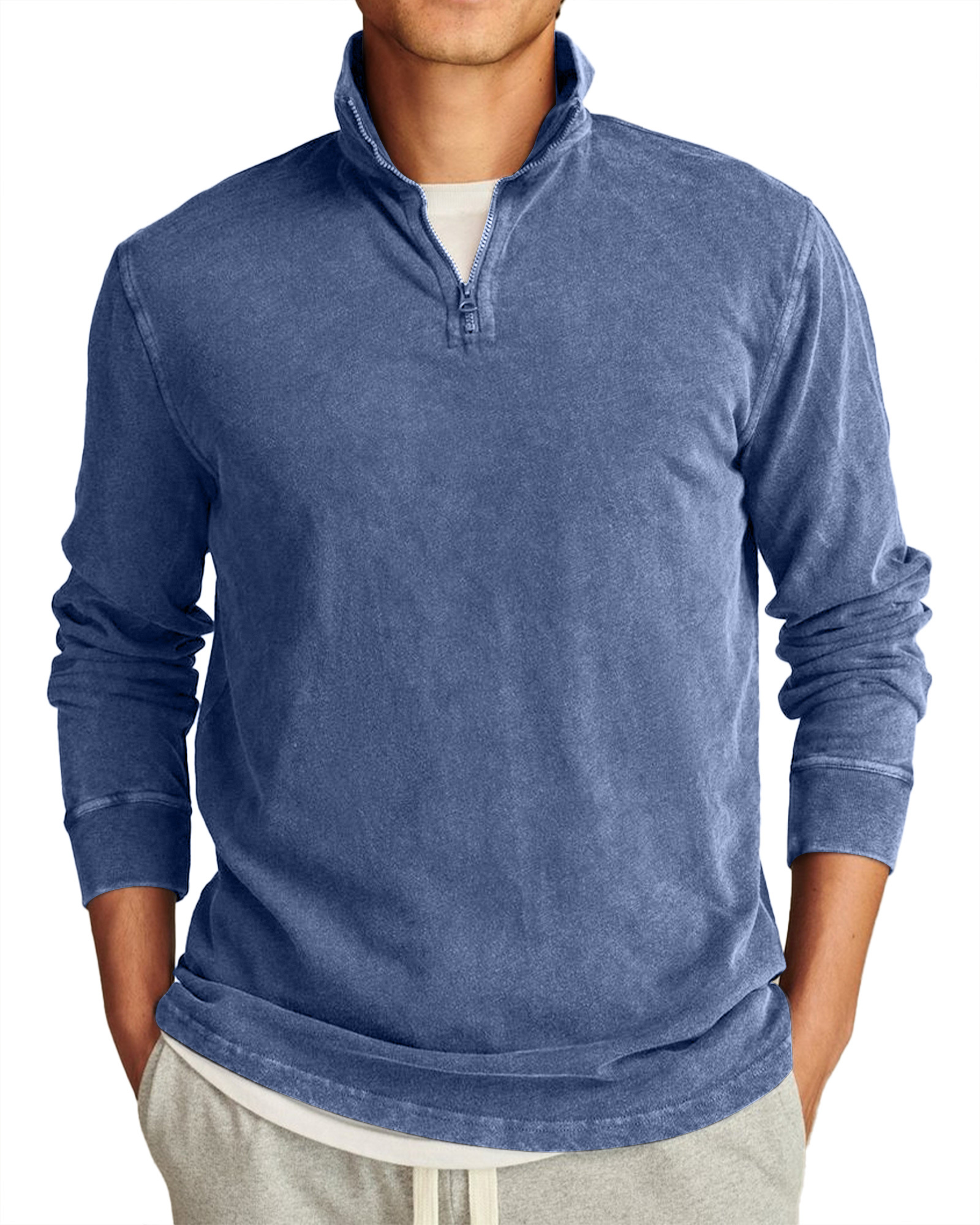 Men's Retro Casual Stand Collar Half-Zip Solid Color Long Sleeve T-Shirt-tidenox
