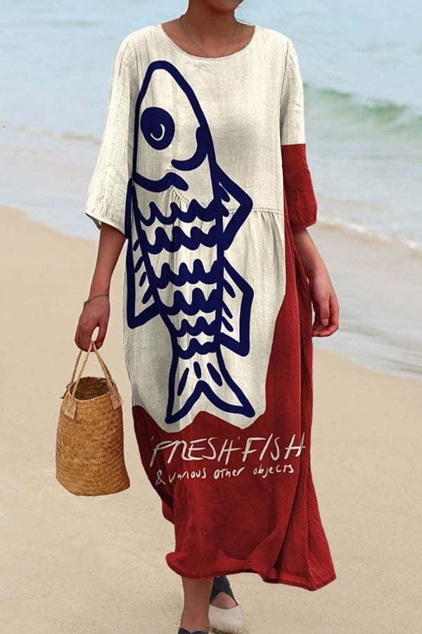 Unique Marine Print V-neck Short-sleeved Midi Dress-tidenox