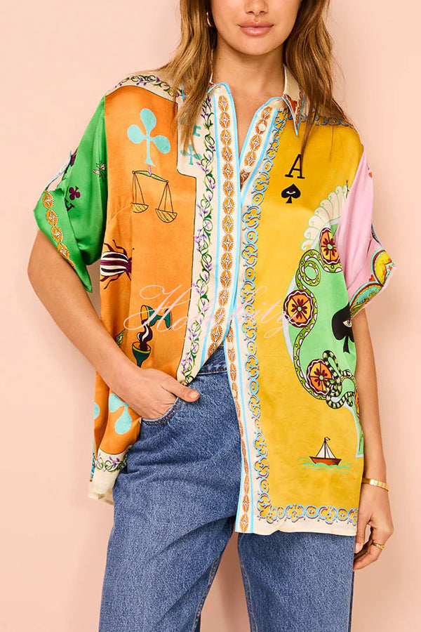 Funny Poker Summer Satin Unique Print Button Down Oversized Blouse-tidenox