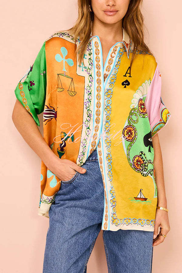 Funny Poker Summer Satin Unique Print Button Down Oversized Blouse-tidenox