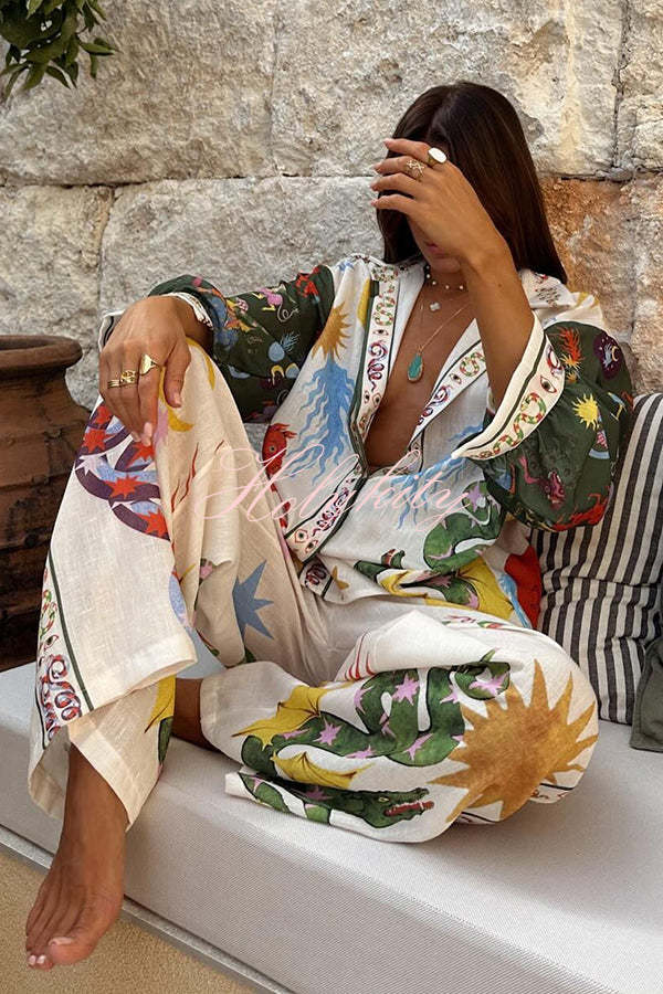 Bohemian Beauty Unique Print Long Sleeve Loose Shirt and Elastic Waist Pants Set-tidenox