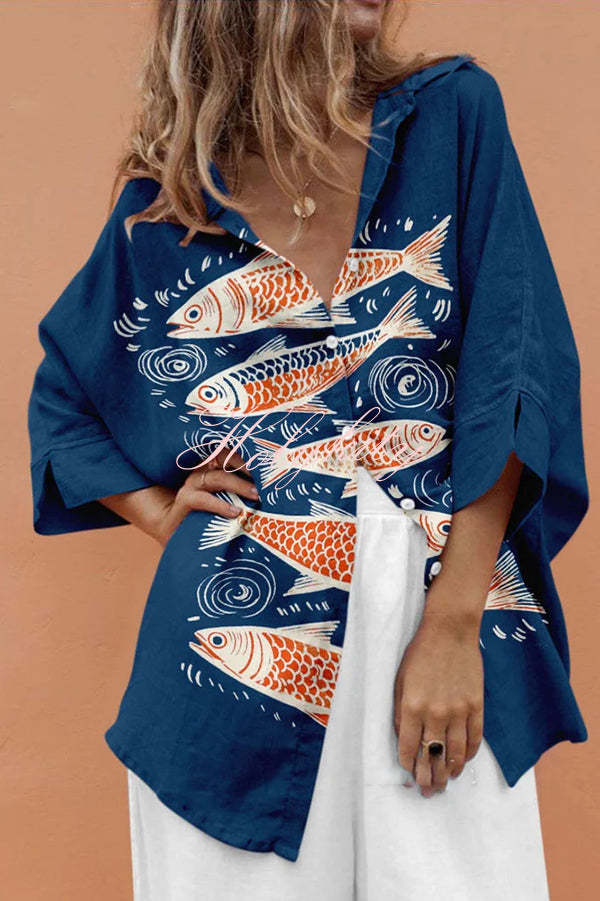 Unique Marine Print Casual Loose Shirt Top-tidenox