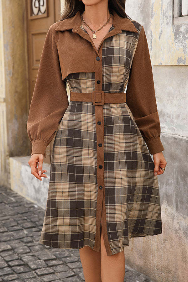 Retro Plaid Patchwork Casual Belt Workplace Style Midi Dress-tidenox