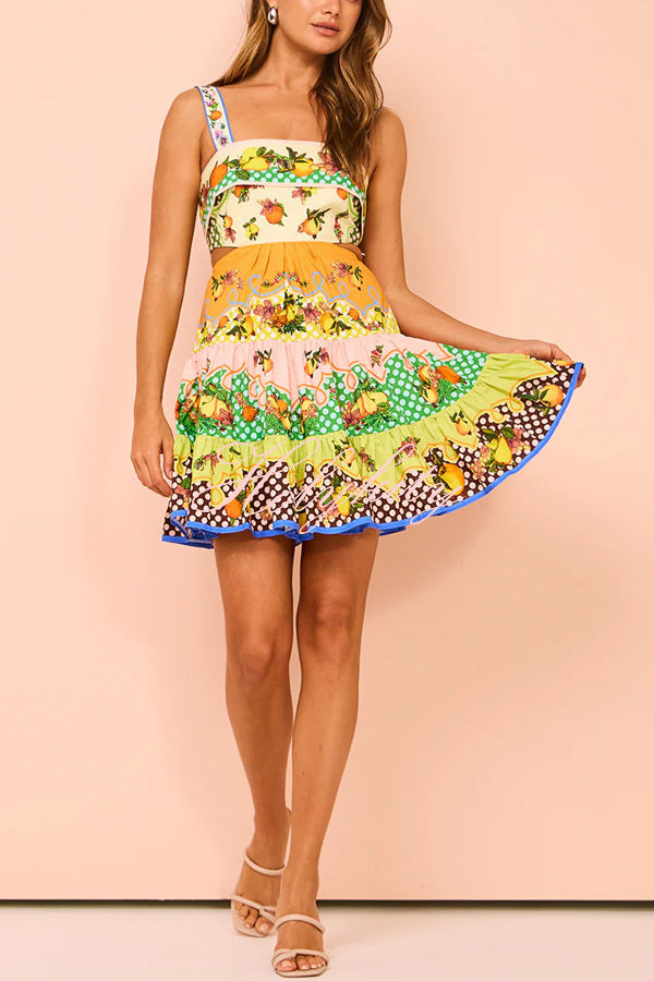 Sweet and Sour Summer Multicolor Lemon Print Pleated Hem Mini Dress-tidenox