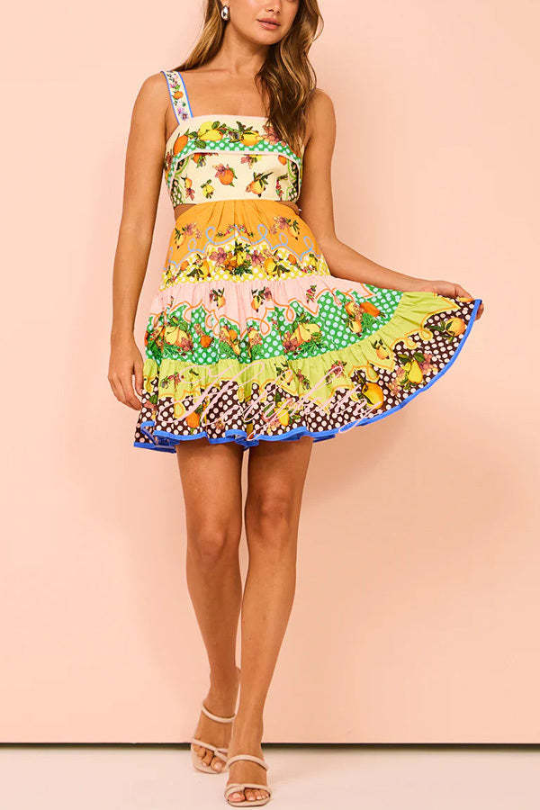 Sweet and Sour Summer Multicolor Lemon Print Pleated Hem Mini Dress-tidenox