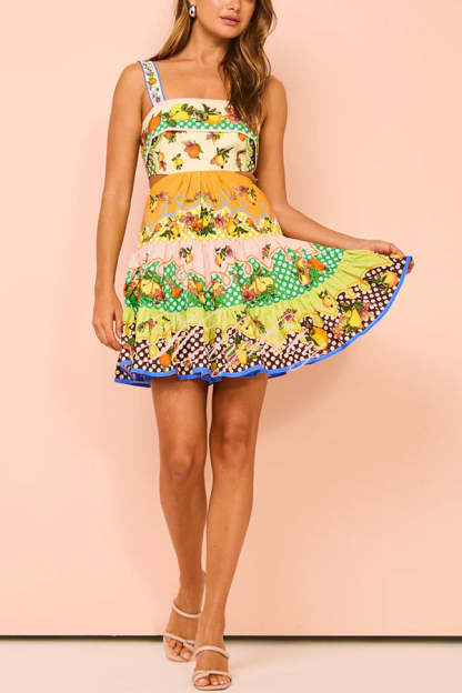 Sweet and Sour Summer Multicolor Lemon Print Pleated Hem Mini Dress-tidenox