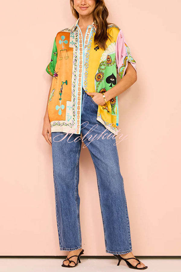 Funny Poker Summer Satin Unique Print Button Down Oversized Blouse-tidenox