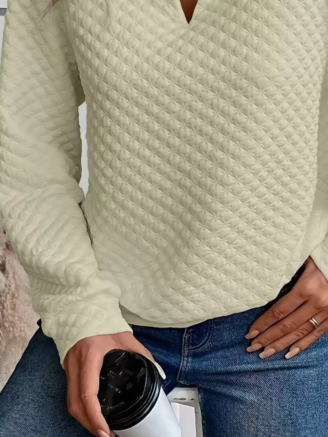 Textured Notched Raglan Sleeve Sweatshirt-tidenox