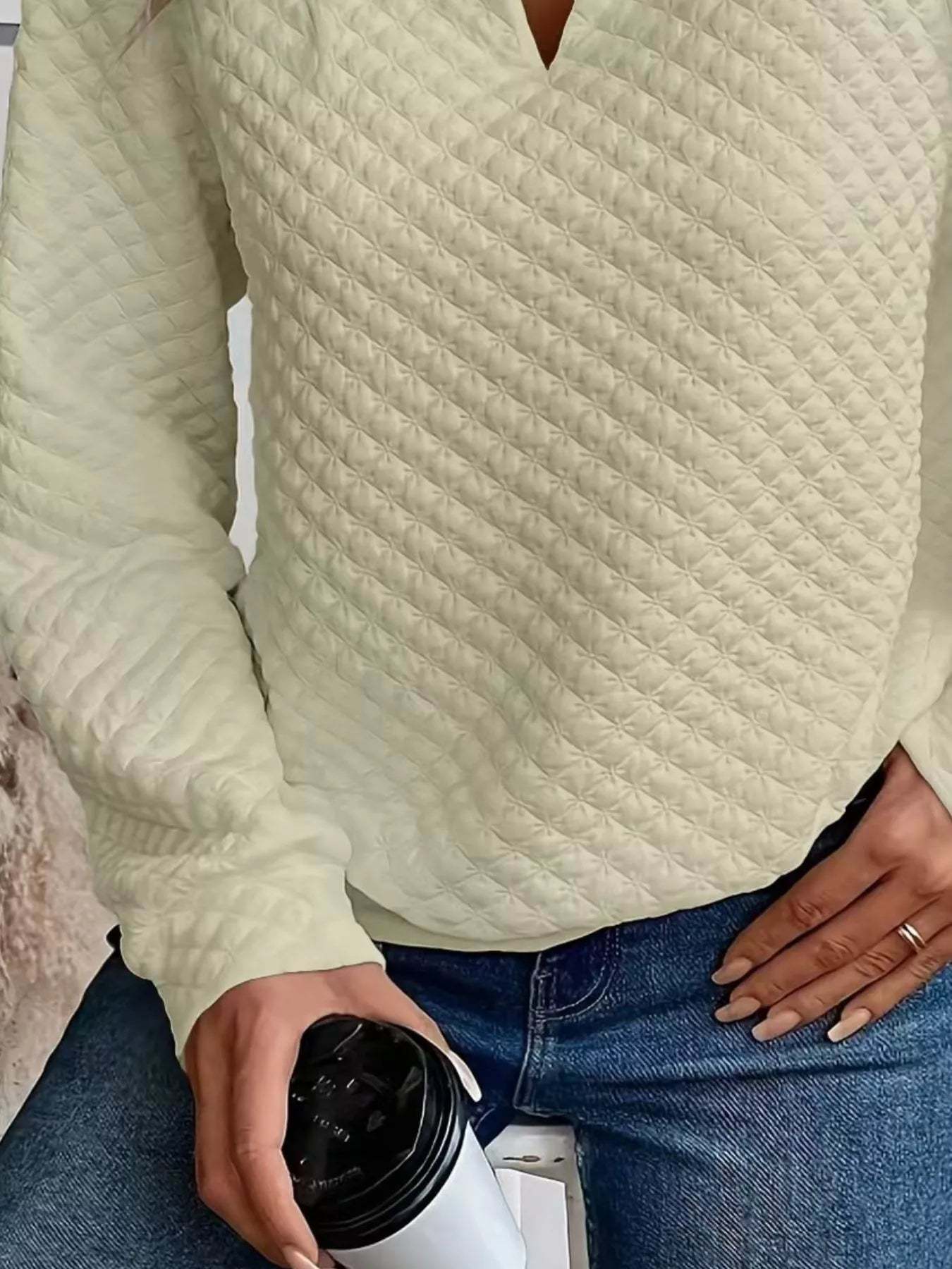 Textured Notched Raglan Sleeve Sweatshirt-tidenox