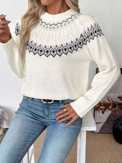 Fair Isle Pattern Crew Neck Sweater-tidenox