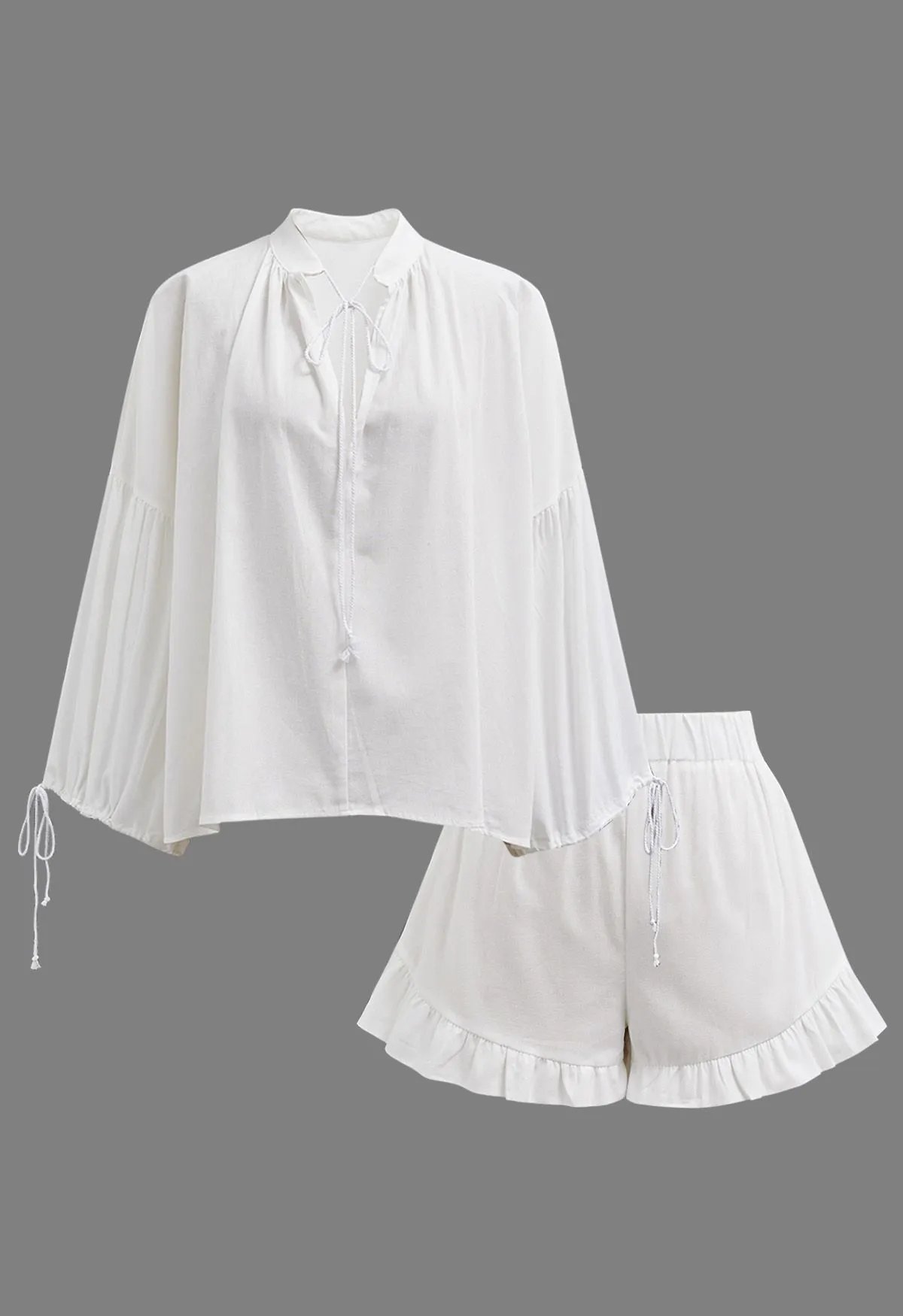 Women's Lantern Sleeve Drawstring Shirt and Shorts Set-tidenox