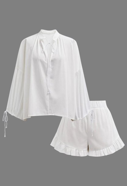 Women's Lantern Sleeve Drawstring Shirt and Shorts Set-tidenox