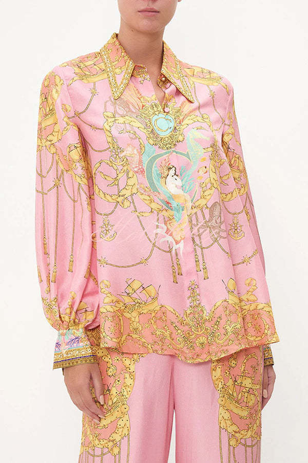 Mermaid Motel Unique Print Long Sleeve Loose Shirt and Elastic Waist Pants Set-tidenox