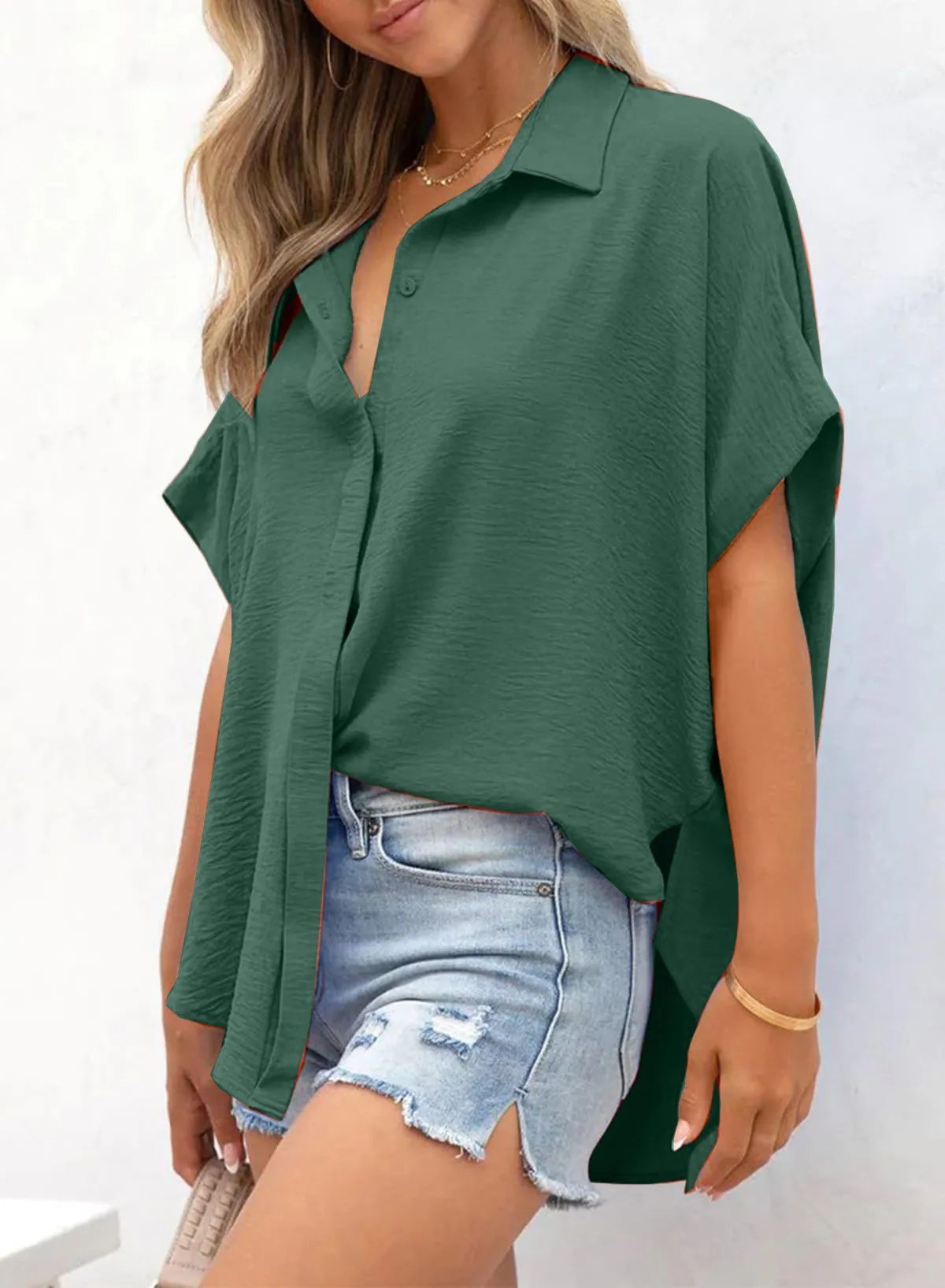 🧥Women's Casual Button Short Sleeve Slit Hem Shirt Solid Color Tops-tidenox