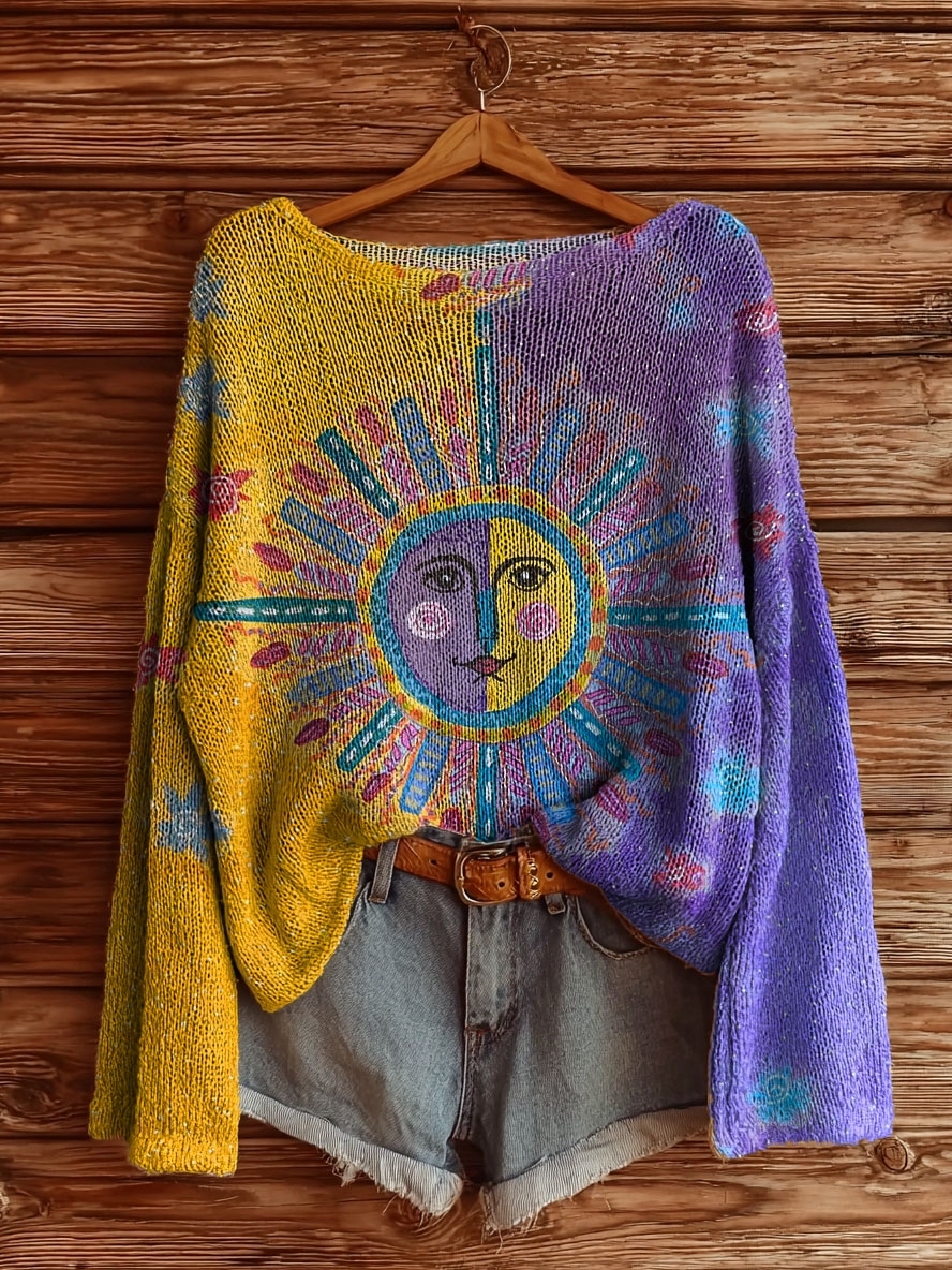 Women's Color Clash Face Sun Tattoo Pattern Art Print Casual Pullover Sweater-tidenox