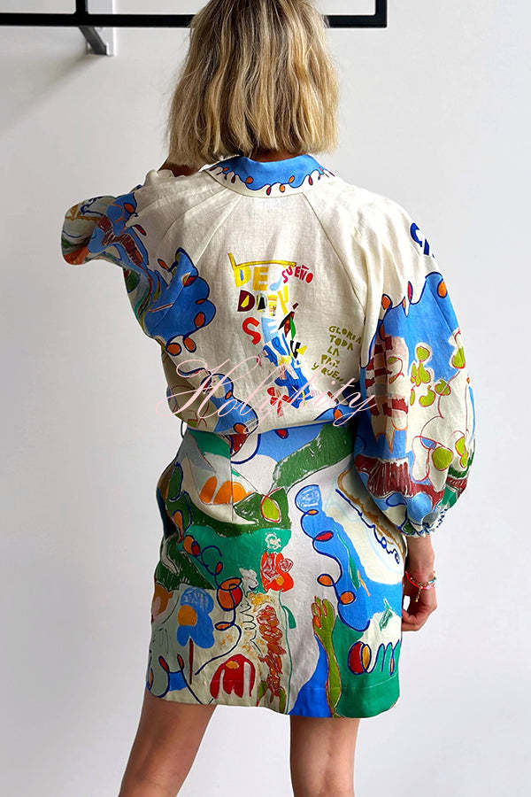 Phebe Linen Blend Unique Print Pocket Waist Tie Mini Dress-tidenox