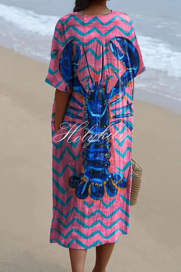 Unique Marine Print V-neck Short-sleeved Midi Dress-tidenox