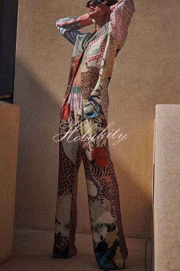 Tropical Jungle Tiger Unique Print Long Sleeve Loose Shirt and Elastic Waist Pants Set-tidenox