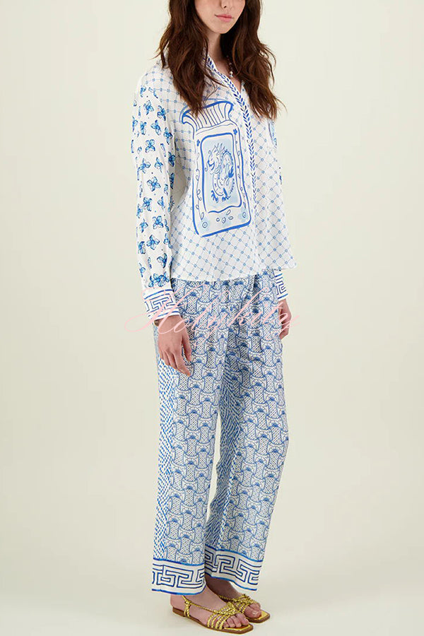 Stylized Dragon Satin Unique Print Long Sleeve Loose Shirt and Elastic Waist Pants Set-tidenox