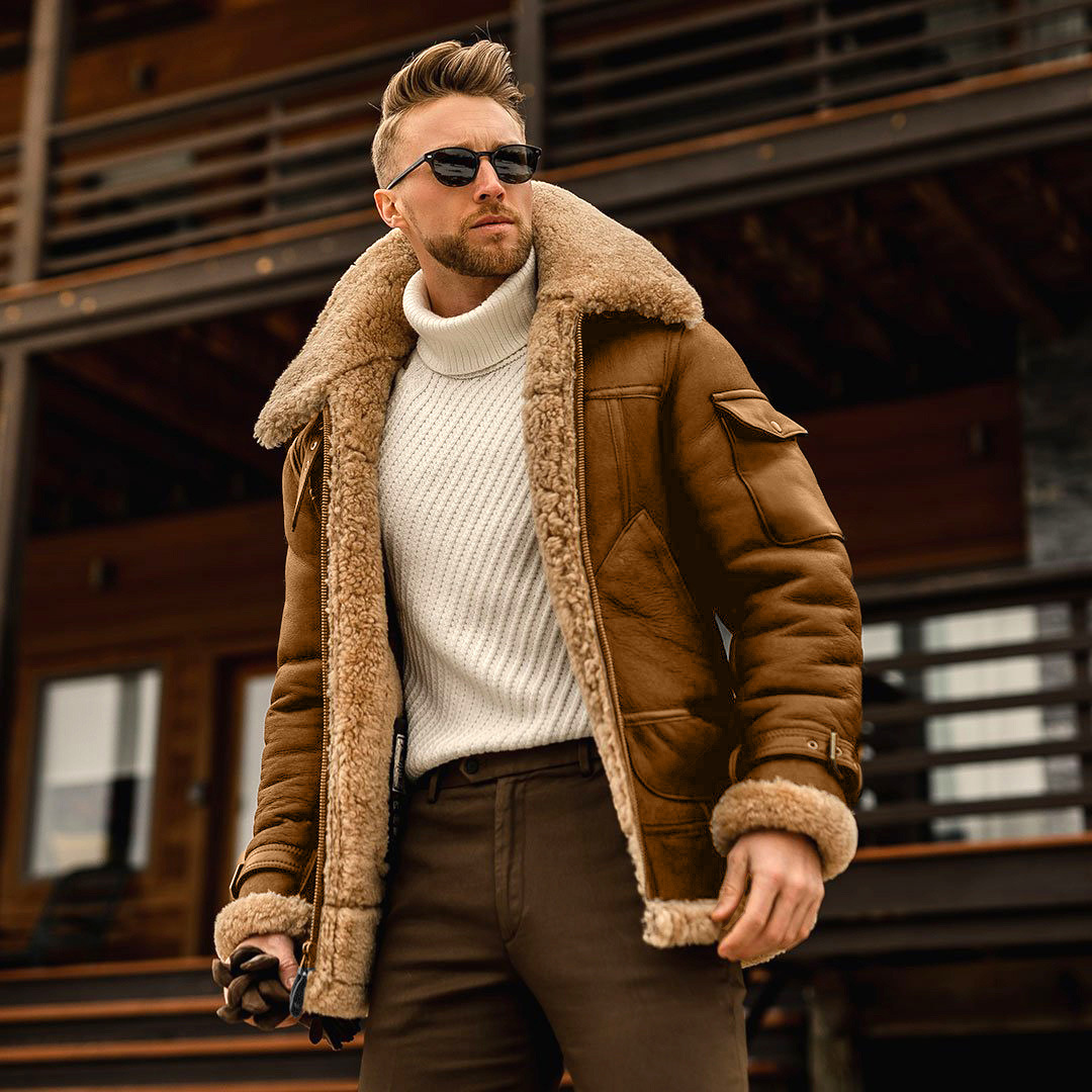 🔥Christmas clearance sale 70% OFF🔥Men's Brown B3 Flying Aviator Shearling Leather Long Jacket Coat-tidenox