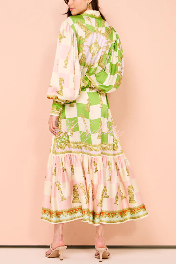 Garden Party Satin Unique Print Balloon Sleeve Belted Shirt Maxi Dress-tidenox