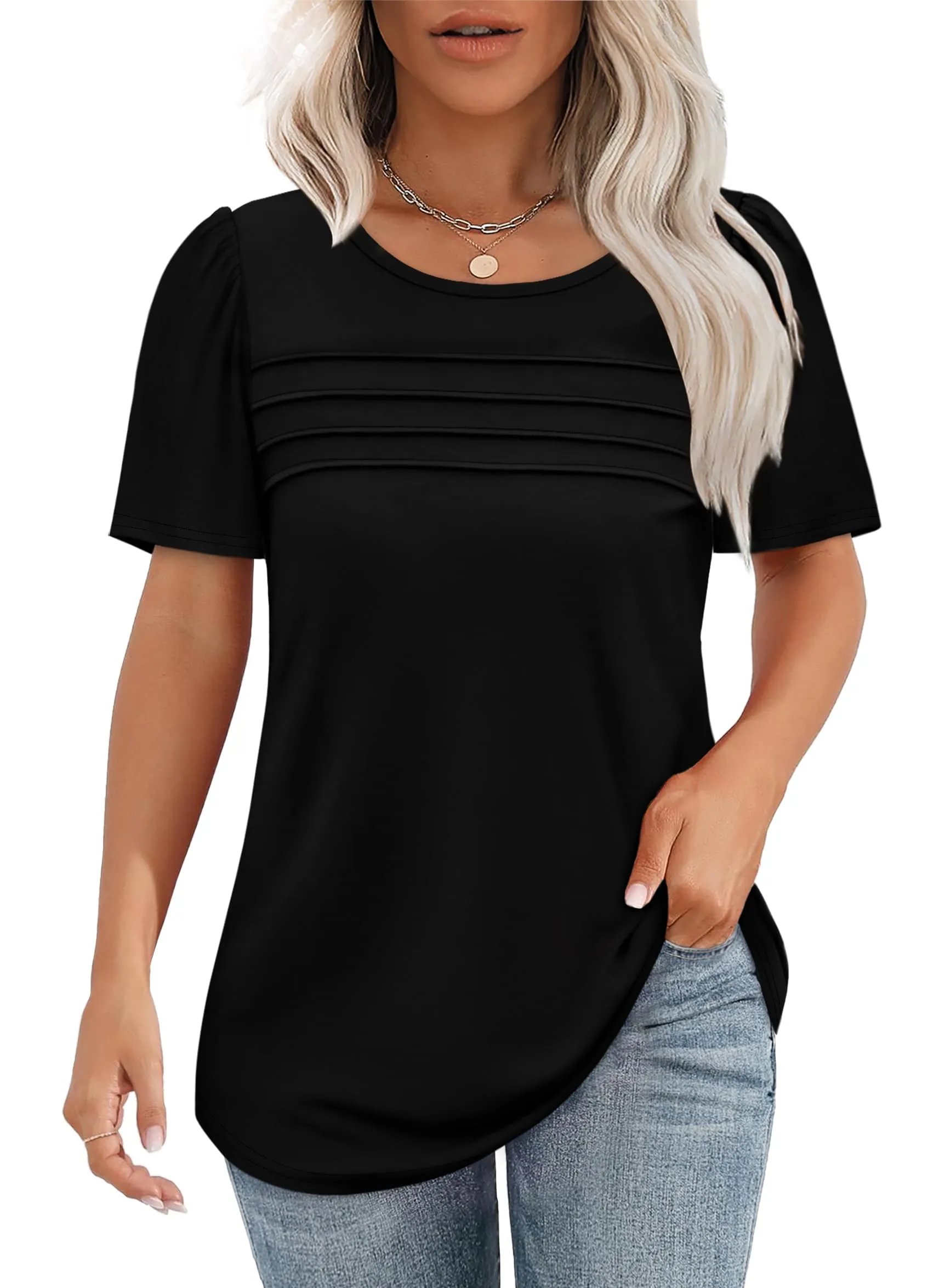 ⏰Hot Sale-Women's Short Sleeve Pleated Front Scooped Neck Tops-tidenox