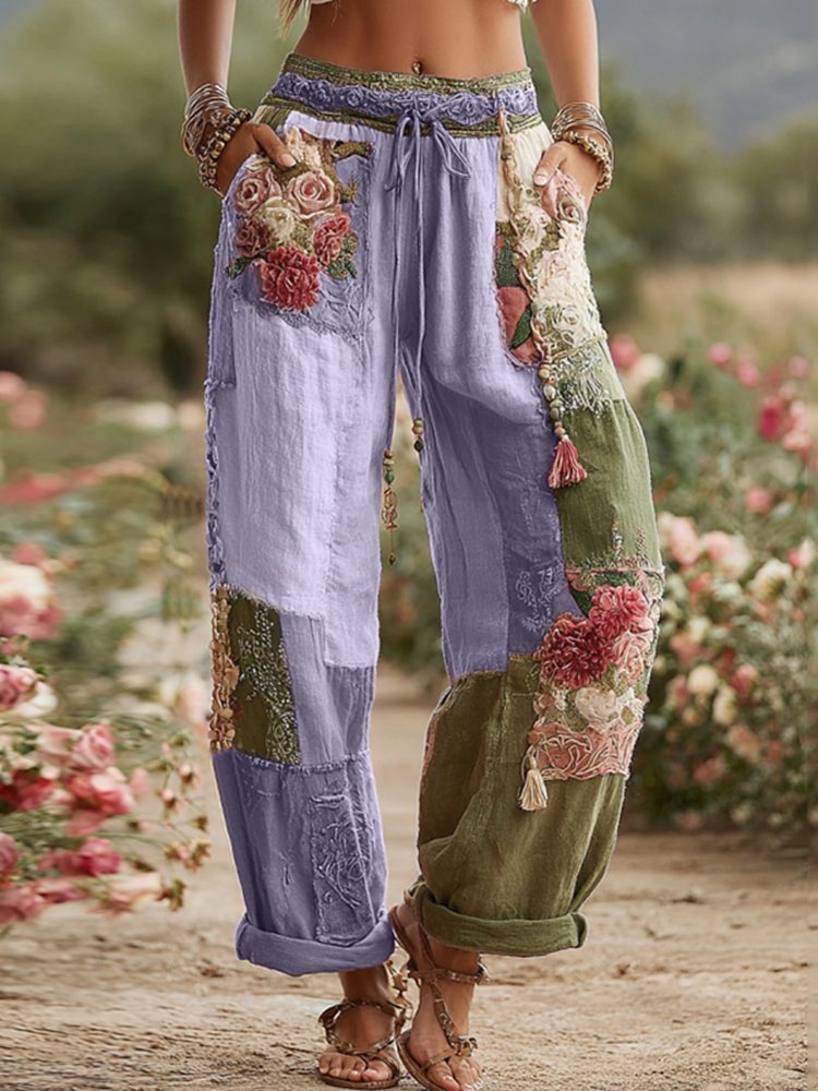 Love & Health Collection Retro Rose And Floral Patchwork Art Linen Pants-tidenox