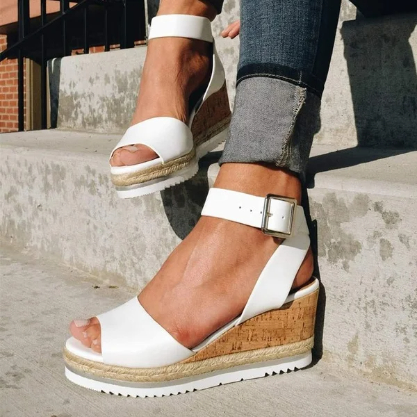 Womens High Heels Buckle Ankle Strap Flatform Wedge Leather Sandals-tidenox