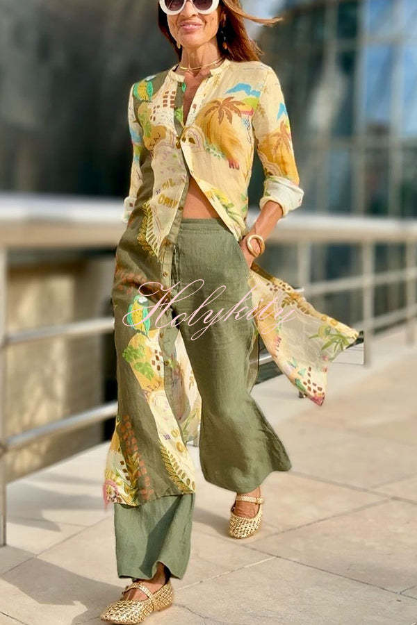 Cayla Linen Blend Unique Print Button Long Sleeve Shirt Midi Dress-tidenox