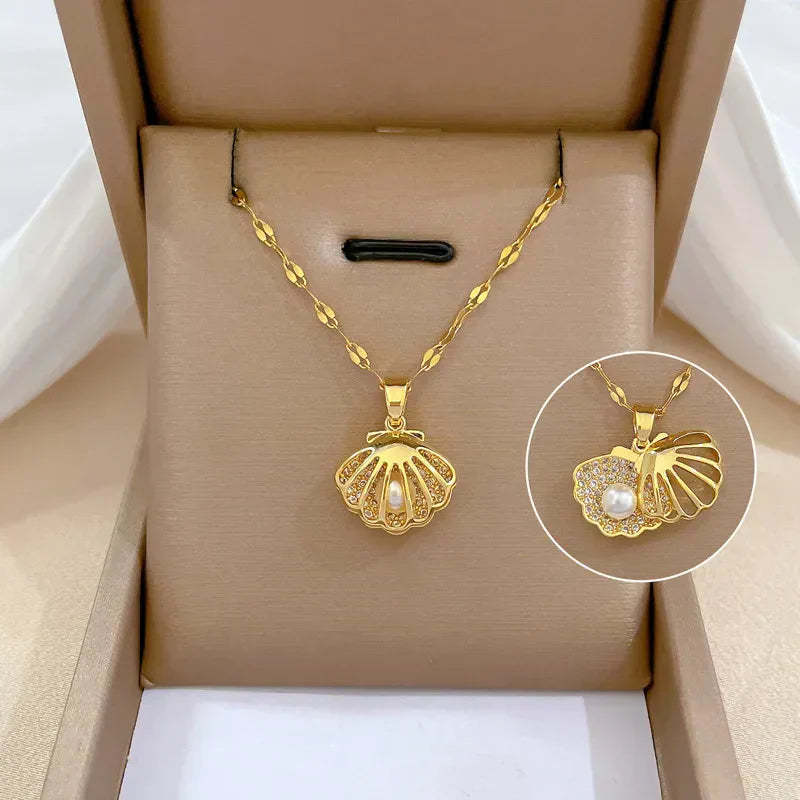 Timeless Mermaid-Inspired Shell & Pearl Pendant Necklace-tidenox