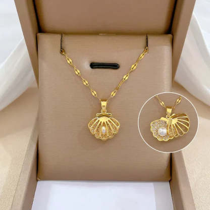 Timeless Mermaid-Inspired Shell & Pearl Pendant Necklace-tidenox