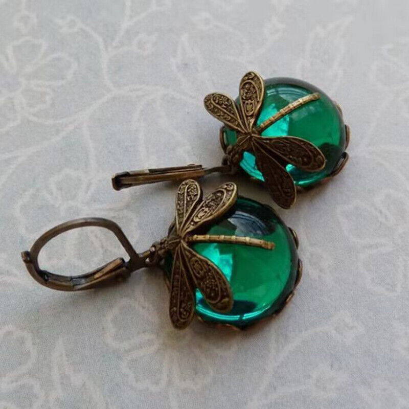 Vintage Drop-Shaped Moonstone Earrings with Dragonfly Design-tidenox