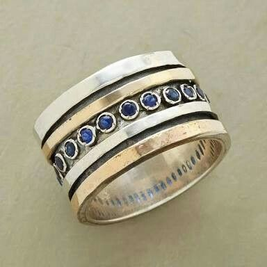 Vintage Inlaid Blue Stones Gold & Silver Ring-tidenox
