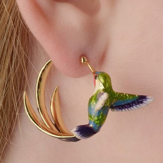 Vintage Enamel Hummingbird Hoop Earrings-tidenox