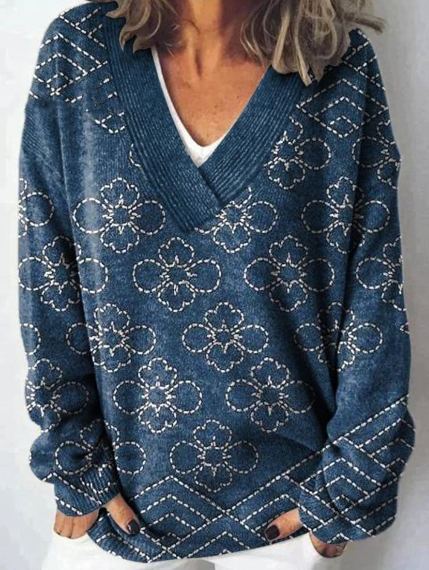 Vintage Floral Art Print Knit V-neck Pullover Sweater