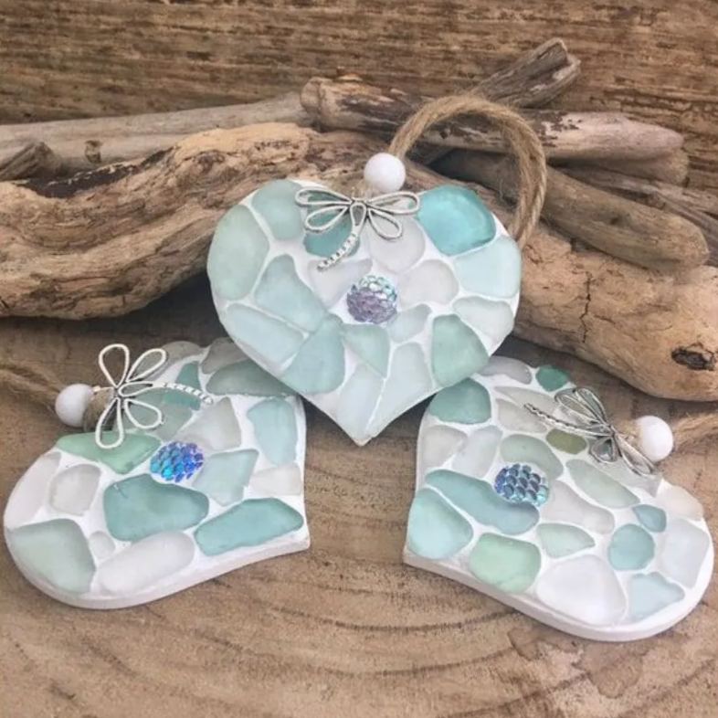 🌊Transforming Ocean Treasures into Eco-Friendly Art -Small Sea Glass Mosaic Hanging Heart-tidenox