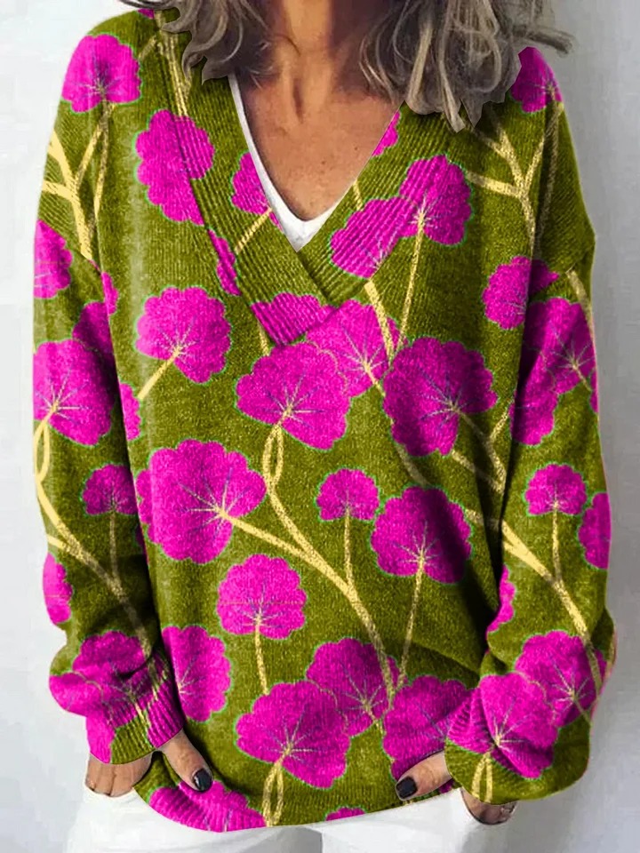 Vintage Floral Art Print Knit V-neck Pullover Sweater